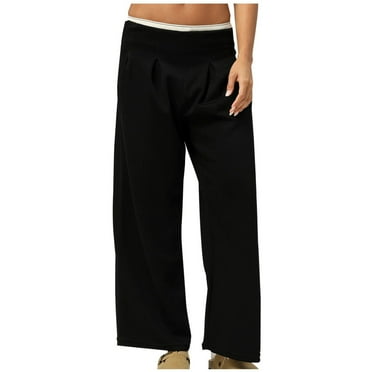 Wyobmus Women's Wide Leg Pants Solid Color Casual Elastic Waist Loose Srtaight Leg Lounge Pants Black
