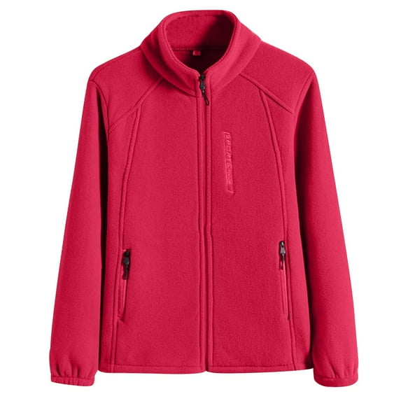 Wyobmus Women's Winter Warm Coat Lightweight Full Zip Soft Polar Fleece Jacket Stand Collar Outwear Coat with Zipper Pockets Red