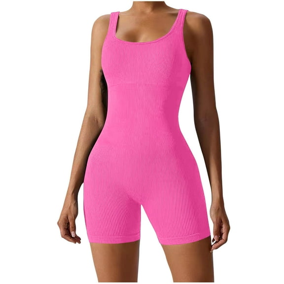 Wyobmus Women's Yoga Short Jumpsuit Solid Color Sleeveless Bodycon Overalls Stretch Skinny Breathable Jumpsuit for Cycling Hot Pink