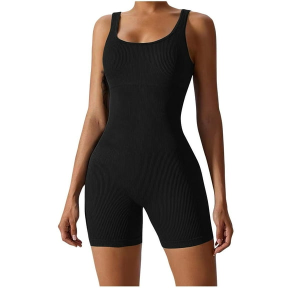 Wyobmus Women's Yoga Short Jumpsuit Solid Color Sleeveless Bodycon Overalls Stretch Skinny Breathable Jumpsuit for Cycling Black