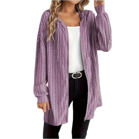 Wyobmus Women's Zip Up Hoodies Oversized Long Sleeve Ribbed Knit Tunic Sweatshirts Long Hooded Fall Fashion Fleece Jackets with Drawstring and Pockets B-Purple