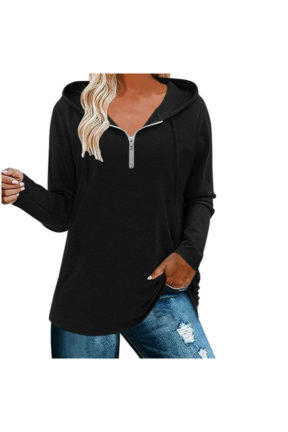 Womens 1/4 Zipper Hooded Sweatshirt Loose Fitted Long Sleeve Sports Hoodie Casual Solid Color Jogger Hoodie Blouse Black