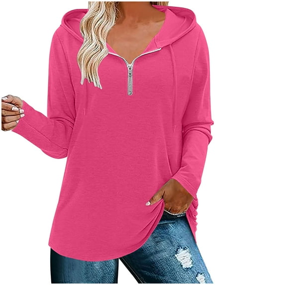 Wyobmus Womens 1/4 Zipper Hooded Sweatshirt Loose Fitted Long Sleeve Sports Hoodie Casual Solid Color Jogger Hoodie Blouse Hot Pink