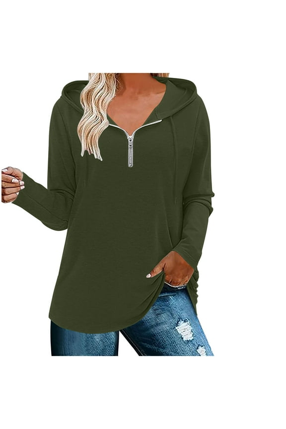 Womens 1/4 Zipper Hooded Sweatshirt Loose Fitted Long Sleeve Sports Hoodie Casual Solid Color Jogger Hoodie Blouse Olive Green