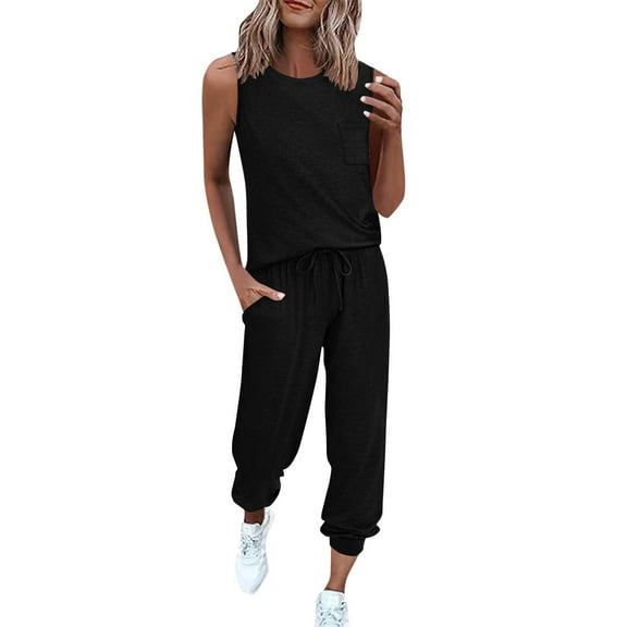 Wyobmus Womens 2 Piece Sets Summer Casual Outfit Lounge Set Sleeveless Crew Neck Tank Tops Drawstring Waist Cuffed Pants 2 Piece Track Suit Black