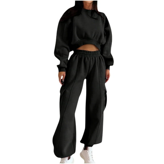 Wyobmus Womens 2 Piece Sweatsuits Two Piece Tracksuit Sets Loose Hoodedless Sweatshirt Fall Fashion Sweatpants with Pockets B-Black