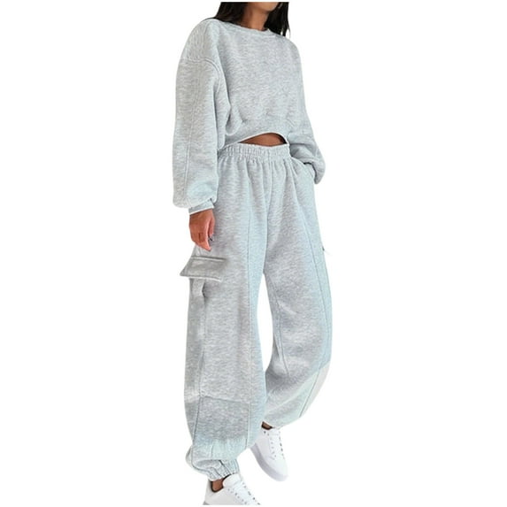 Wyobmus Womens 2 Piece Sweatsuits Two Piece Tracksuit Sets Loose Hoodedless Sweatshirt Fall Fashion Sweatpants with Pockets B-Gray