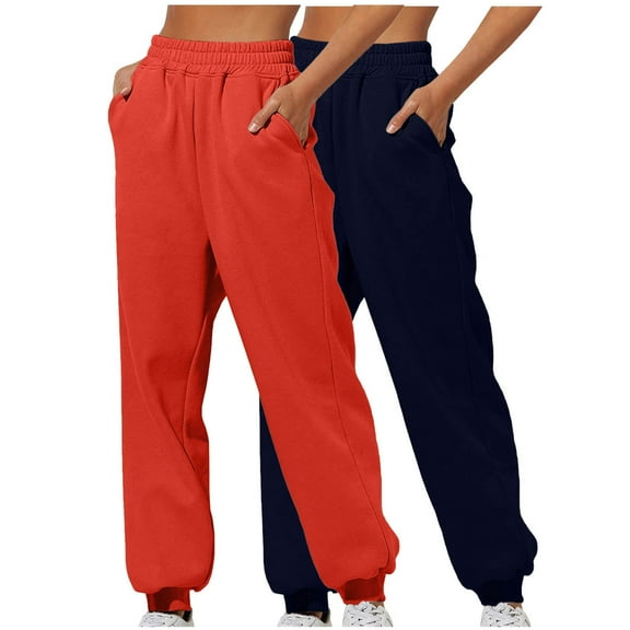 Wyobmus Womens 2PC Elastic Waist Jogger Pants Casual Solid Color Comfy Lounge Tight Foot Sweatpants Navy/Orange