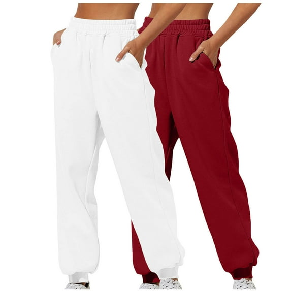 Wyobmus Womens 2PC Elastic Waist Jogger Pants Casual Solid Color Comfy Lounge Tight Foot Sweatpants Red/White