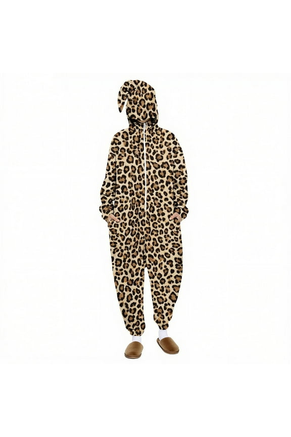 Womens Animal Onesies Pajamas Adult Half Zip One Piece Cosplay Suit Halloween Clothes Long Sleeved Leopard Print Jumpsuit with Hooded Novelty Sleepwear D-Multicolor