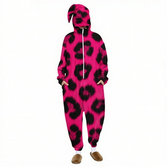 Wyobmus Womens Animal Onesies Pajamas Adult Half Zip One Piece Cosplay Suit Halloween Clothes Long Sleeved Leopard Print Jumpsuit with Hooded Novelty Sleepwear K-Multicolor
