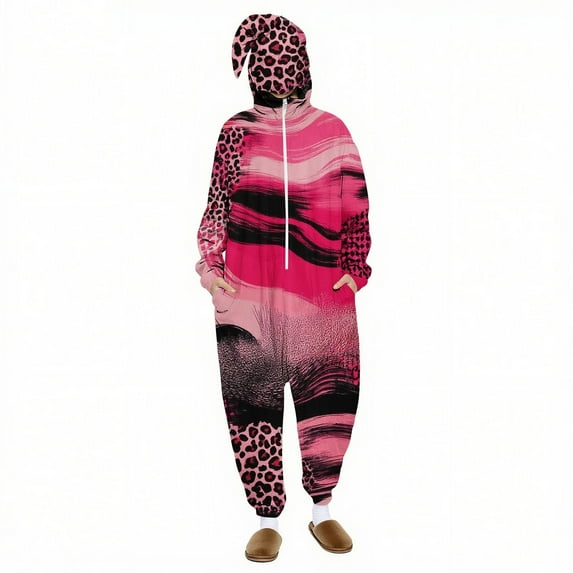 Wyobmus Womens Animal Onesies Pajamas Adult Half Zip One Piece Cosplay Suit Halloween Clothes Long Sleeved Leopard Print Jumpsuit with Hooded Novelty Sleepwear F-Multicolor
