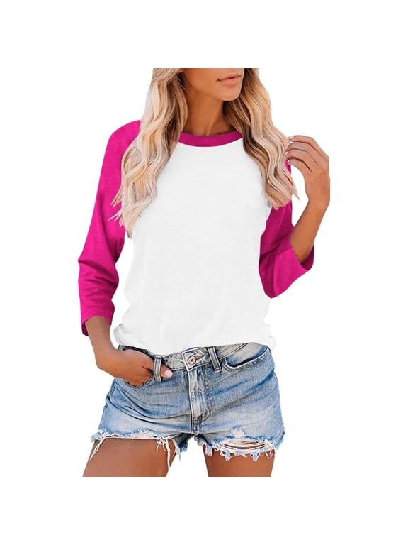 Womens Baseball Tee 3/4 Sleeve Casual Crewneck Tops Color Color Block Cute Blousess Comfy Raglan Shirt S-3X A-Hot Pink