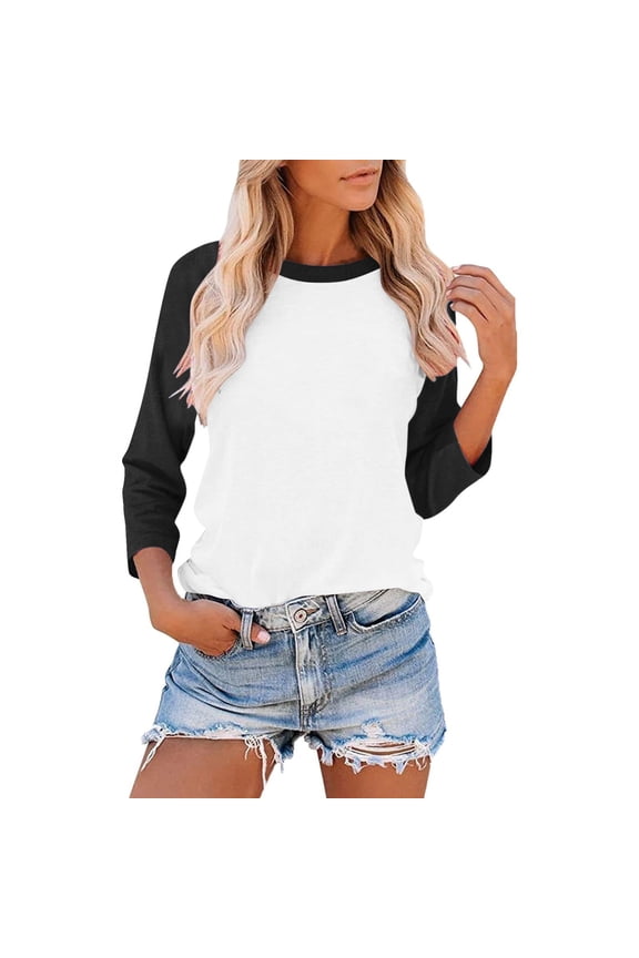Womens Baseball Tee 3/4 Sleeve Casual Crewneck Tops Color Color Block Cute Blousess Comfy Raglan Shirt S-3X B-Black