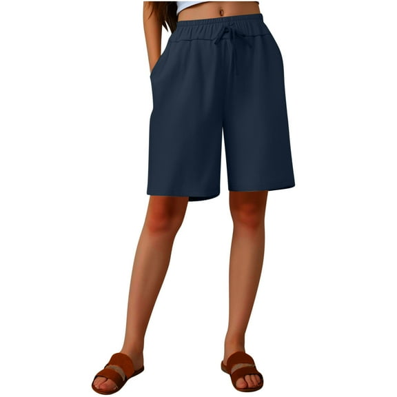 Wyobmus Womens Bermuda Shorts Summer Comfy Cotton Linen Elastic Waist Short Lightweight Drawstring Solid Casual Vacation Beach Shorts With Pockets S-3X Navy