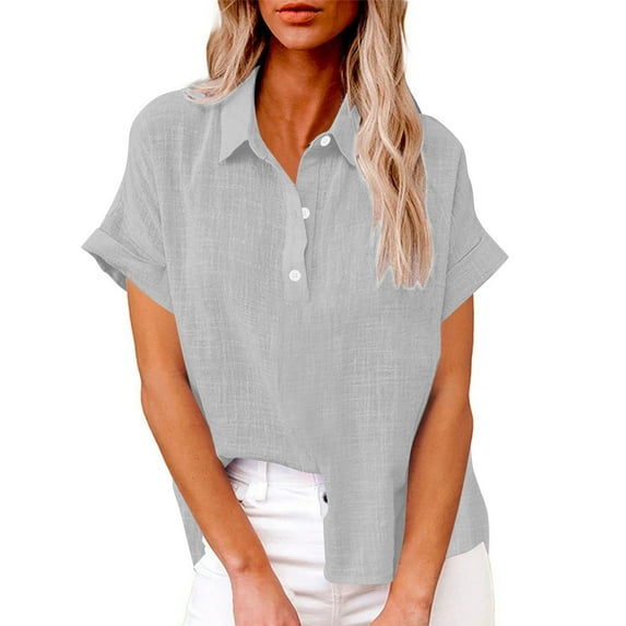 Wyobmus Womens Botton Up Shirt Solid Rolled Short Sleeve Tops V-Neck Loose Fit Vacation Beach Blouse B-Gray
