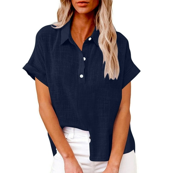 Wyobmus Womens Botton Up Shirt Solid Rolled Short Sleeve Tops V-Neck Loose Fit Vacation Beach Blouse B-Navy