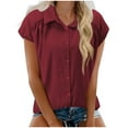 thumbnail image 1 of Wyobmus Womens Button Down Shirt Casual Cotton Linen Tops Cap Short Sleeve Summer V Neck Collared Blouses 2025 Trendy Clothes S-2X Burgundy, 1 of 6