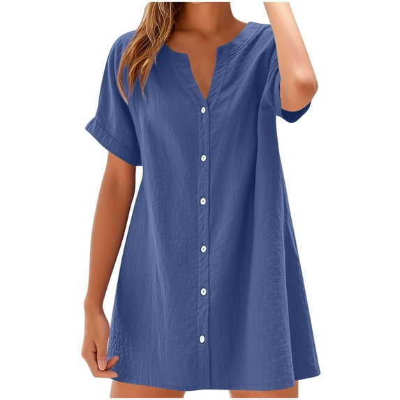 Wyobmus Womens Button Down Shirt Dress Summer Rolled Short Sleeve Linen Dress V-Neck Mini Dress Casual Loose Fit Tunic Dresses Navy