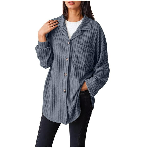 Wyobmus Womens Button Down Shirts Ribben Frayed Cardigan Long Sleeve Oversized Turndown Collar Jacket Shacket B-Gray