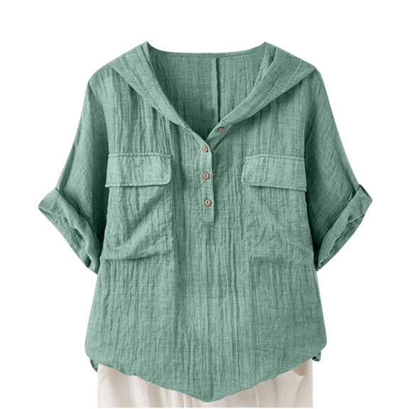 Wyobmus Womens Button Down Shirts Short Sleeve Button Up Shirts With Hooded Casual V Neck Summer Loose Fit Beach Tops With 2 Front Pockets S-2X Green