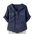 thumbnail image 1 of Wyobmus Womens Button Down Shirts Short Sleeve Button Up Shirts With Hooded Casual V Neck Summer Loose Fit Beach Tops With 2 Front Pockets S-2X Navy, 1 of 6