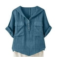 thumbnail image 1 of Wyobmus Womens Button Down Shirts Short Sleeve Button Up Shirts With Hooded Casual V Neck Summer Loose Fit Beach Tops With 2 Front Pockets S-2X Dark Blue, 1 of 6