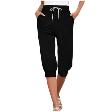 Wyobmus Womens Capris With Pockets Loose Fit Casual Capri Pants Lightweight Drawstring Elastic Waist Baggy Cargo Pants A-Black