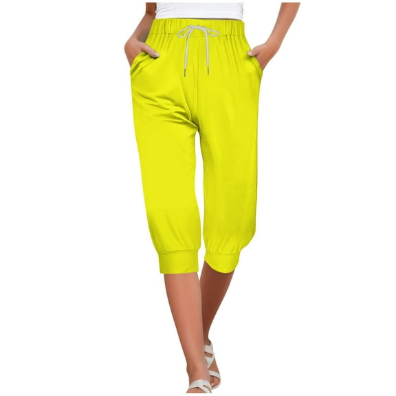 Wyobmus Womens Capris With Pockets Loose Fit Casual Capri Pants Lightweight Drawstring Elastic Waist Baggy Cargo Pants A-Yellow