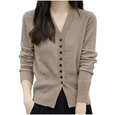 Wyobmus Womens Cardigan Sweaters Casual V-Neck Knitted Coat Loose Soft Button Up Outerwear With Pockets Khaki