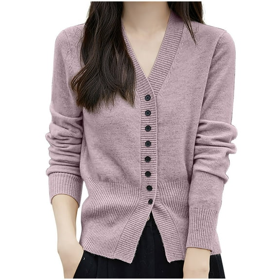 Wyobmus Womens Cardigan Sweaters Casual V-Neck Knitted Coat Loose Soft Button Up Outerwear With Pockets Purple
