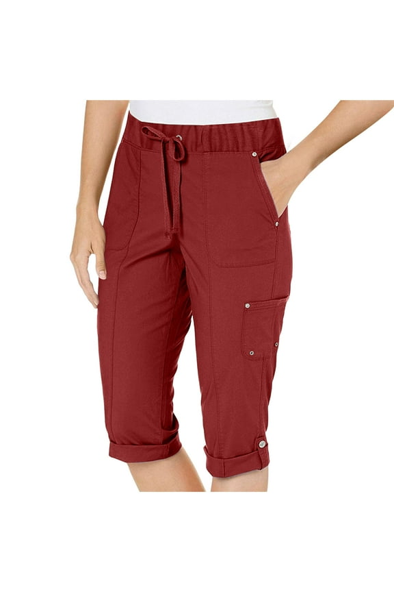 Womens Cargo Capris Lightweight Elastic Waist Drawstring Hiking Pants Quick Dry Casual Outdoor Trip Loose Twill Cropped Pants Red