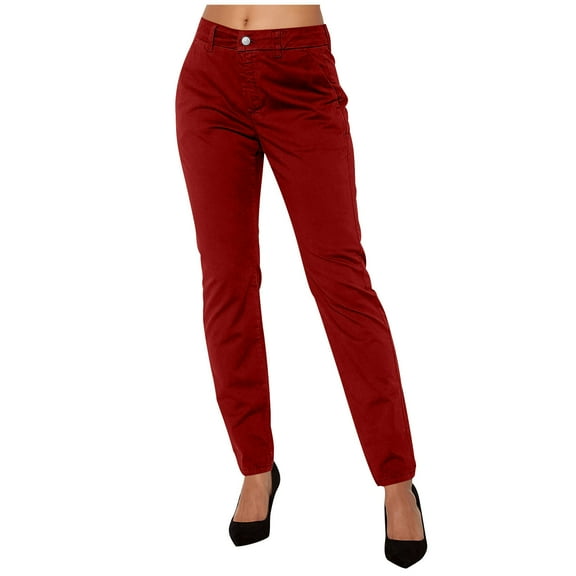 Wyobmus Womens Cargo Pants High Elastic Waist Button Work Pants Solid Straight Fit Yoga Pants B-Burgundy