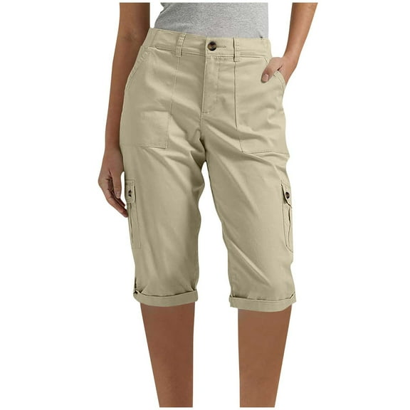 Wyobmus Womens Cargo Shorts Elastic Waist Casual Hiking Shorts Solid Color Rolled Hem Twill Shorts for Fishing Running Beige