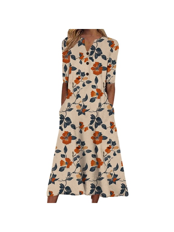 Womens Casual Summer Dresses V-Neck Half Sleeve Button Up Floral Print Mid-Calf Dress Casual Loose Holiday Dresses S-3X D-Beige