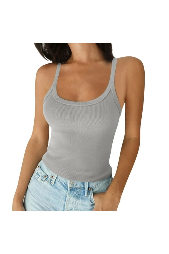 Womens Casual Tank Tops form Fitting Sleeveless Scoop Neck Tops Ribbed Knit Summer Spaghetti Straps Basic Cami Shirts S-5X B-Gray