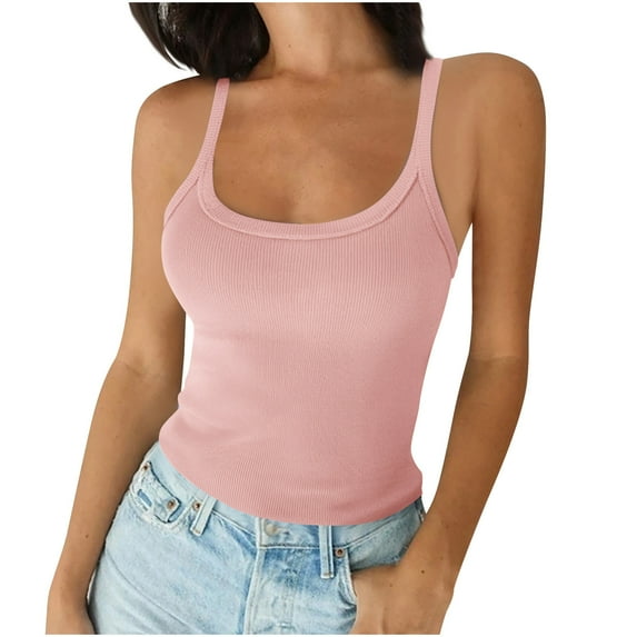 Wyobmus Womens Casual Tank Tops form Fitting Sleeveless Scoop Neck Tops Ribbed Knit Summer Spaghetti Straps Basic Cami Shirts S-5X B-Pink