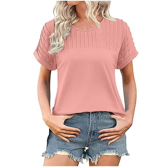 Wyobmus Womens Casual Tops Loose Fit Short Sleeve Shirt Solid Crew Neck Ribbed Knit Blouse T-Shirt Tunic S-2X Pink
