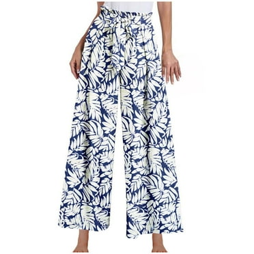 Wyobmus Womens Casual Wide Leg Pants Ruffle Elastic Drawstring Palazzo Loose Pants Comfy Trousers With Pockets A-Blue