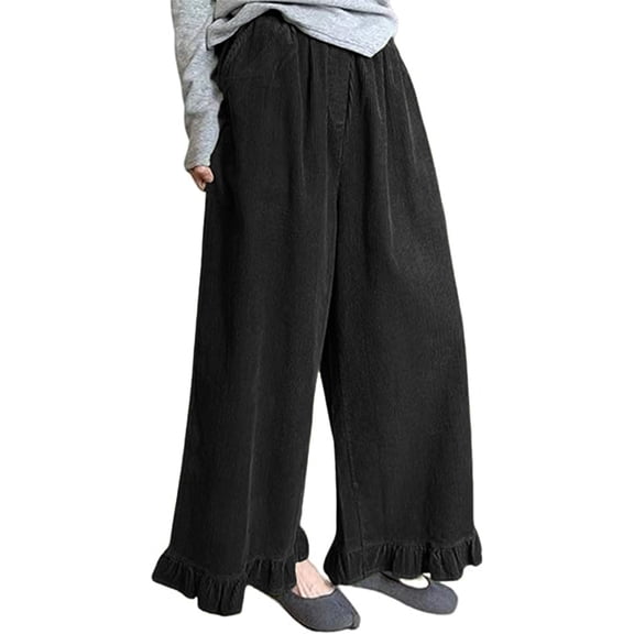 Wyobmus Womens Corduroy Pants Loose Flowy Ruffle Lounge Pants Wide Leg Barrel Baggy Elastic Waist Trousers with Pockets Black