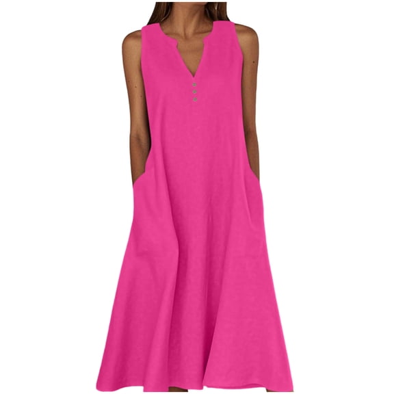 Wyobmus Womens Cotton Linen Dress for Size S-5Xl Casual Loose Summer Sleeveless V Neck Tank Dresses with Pockets Shift Vacation Outfits C-Pink