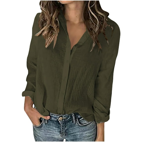 Wyobmus Womens Cotton Linen Shirts Long Sleeved Button Down Collared Shirt Loose Fit Solid Summer Casual V Neck Shirt Tops S-2X Olive Green