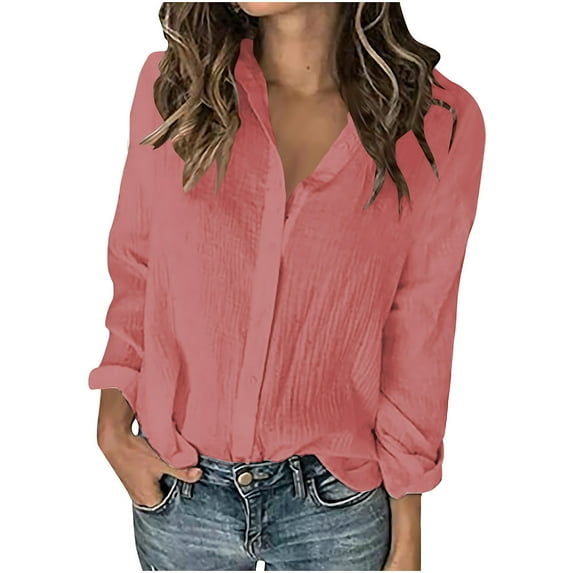 Wyobmus Womens Cotton Linen Shirts Long Sleeved Button Down Collared Shirt Loose Fit Solid Summer Casual V Neck Shirt Tops S-2X Pink
