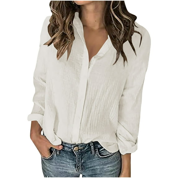 Wyobmus Womens Cotton Linen Shirts Long Sleeved Button Down Collared Shirt Loose Fit Solid Summer Casual V Neck Shirt Tops S-2X White