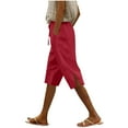 thumbnail image 1 of Wyobmus Womens Cotton Linen Shorts Summer Knee Length Bermuda Shorts Elastic Waist Straight Fit Shorts Side Slit Button Decor Long Shorts B-Red, 1 of 6