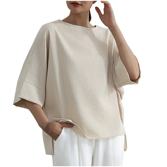 Wyobmus Womens Cotton Linen Tops Elbow Sleeved Crew Neck T-Shirt Solid Color Loose Fit Summer Cute Basic Flowy Tops Tees Beige