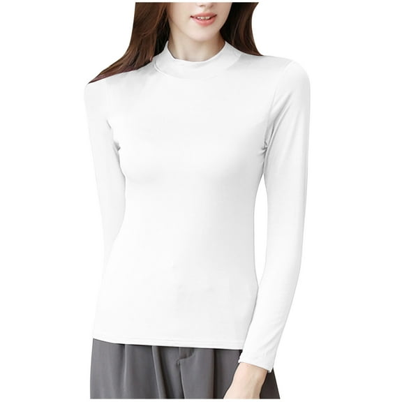Wyobmus Womens Cotton Tops Long Sleeve Semi High Neck Tees Shirts Casual Lightweight Silm Fitted Tunic Tees With Chest Pad White