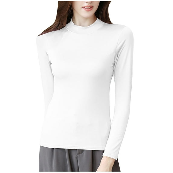 Wyobmus Womens Cotton Tops Long Sleeve Semi High Neck Tees Shirts Casual Lightweight Silm Fitted Tunic Tees With Chest Pad White
