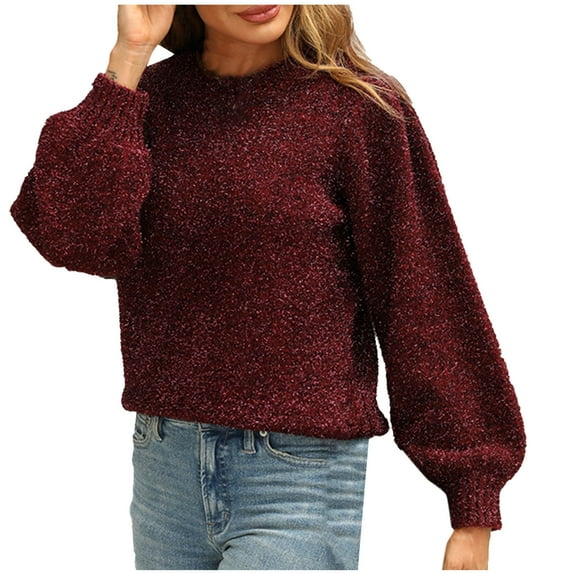 Wyobmus Womens Crew Neck Sweater Loose Crewneck Lantern Long Sleeve Cable Knit Sweater Outfits Burgundy