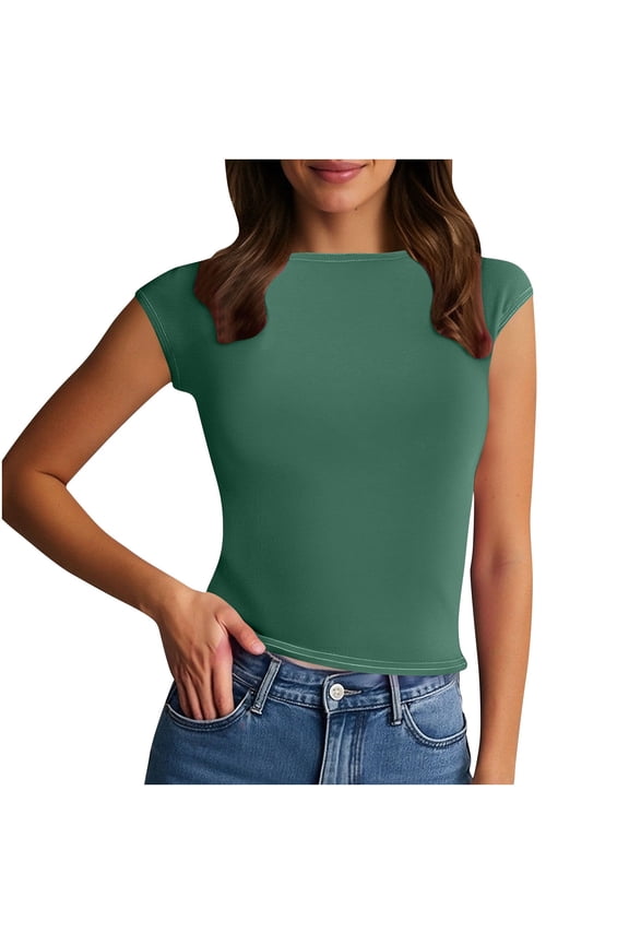 Womens Crew Neck Tops Casual Slim Summer 1/4 Sleeve T Shirt Solid Color form Fitting Backless Base Top Tunic B-Green